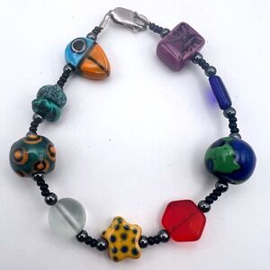 Artisan Crafted Colorful Lampwork Glass Bead Bracelet Unique Design Jewelry 925‎